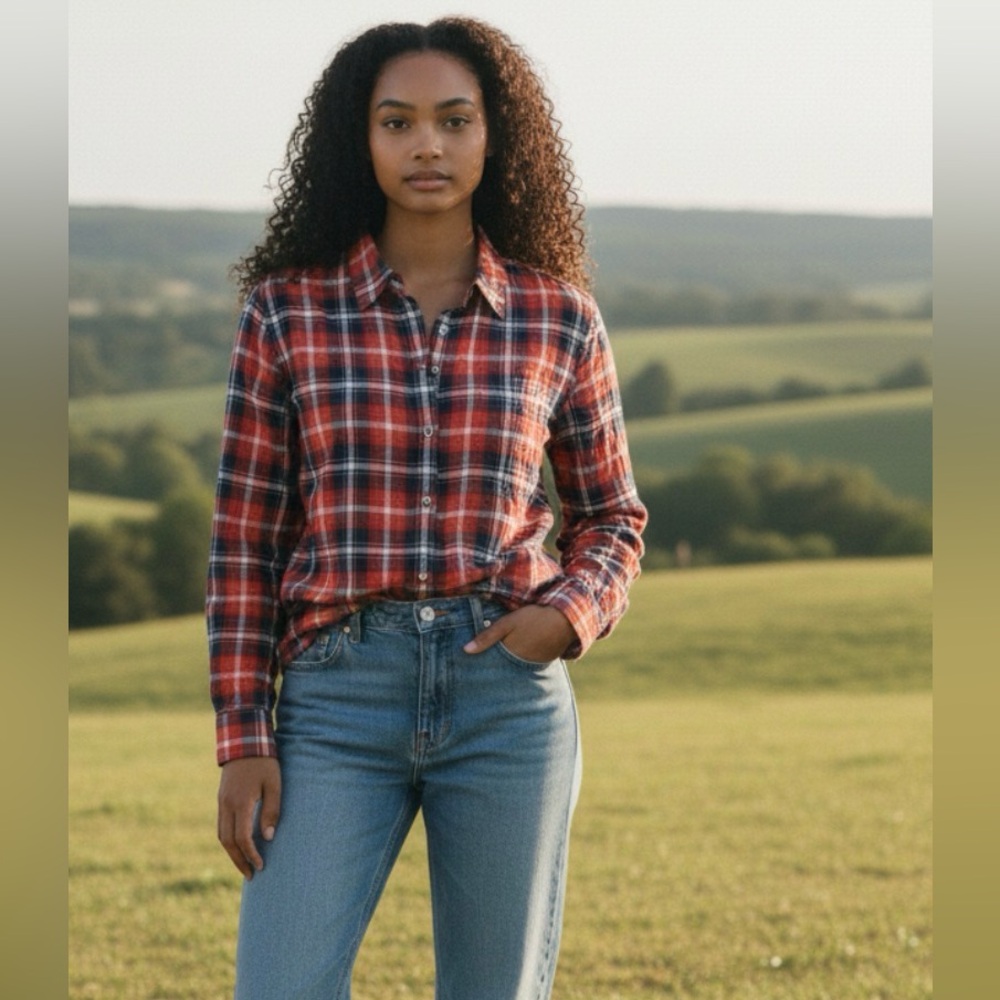 Theory Red , White and Blue Plaid Cotton Blouse size M